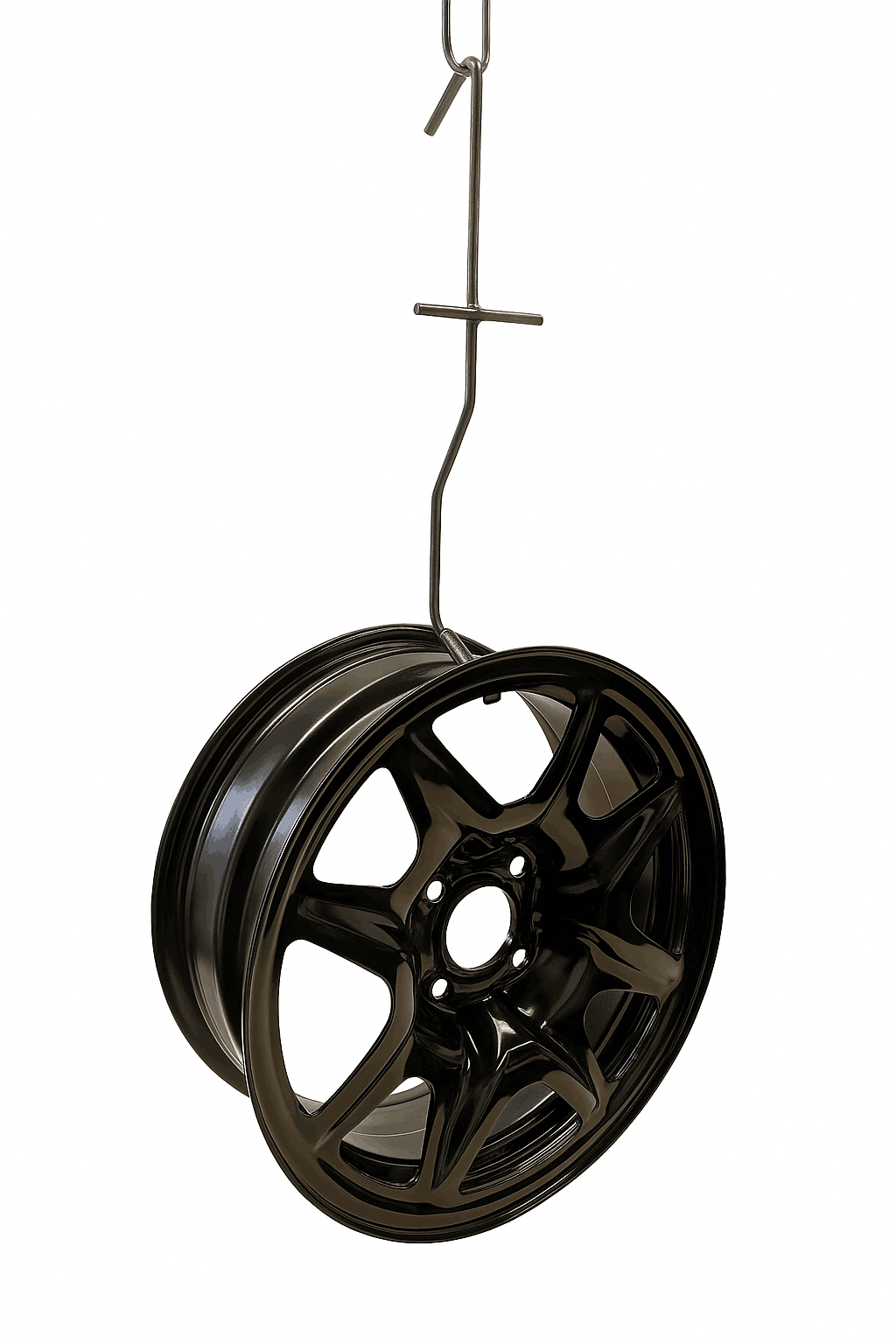 EPSI Wheel Hook System installed on a wheel for powder coating